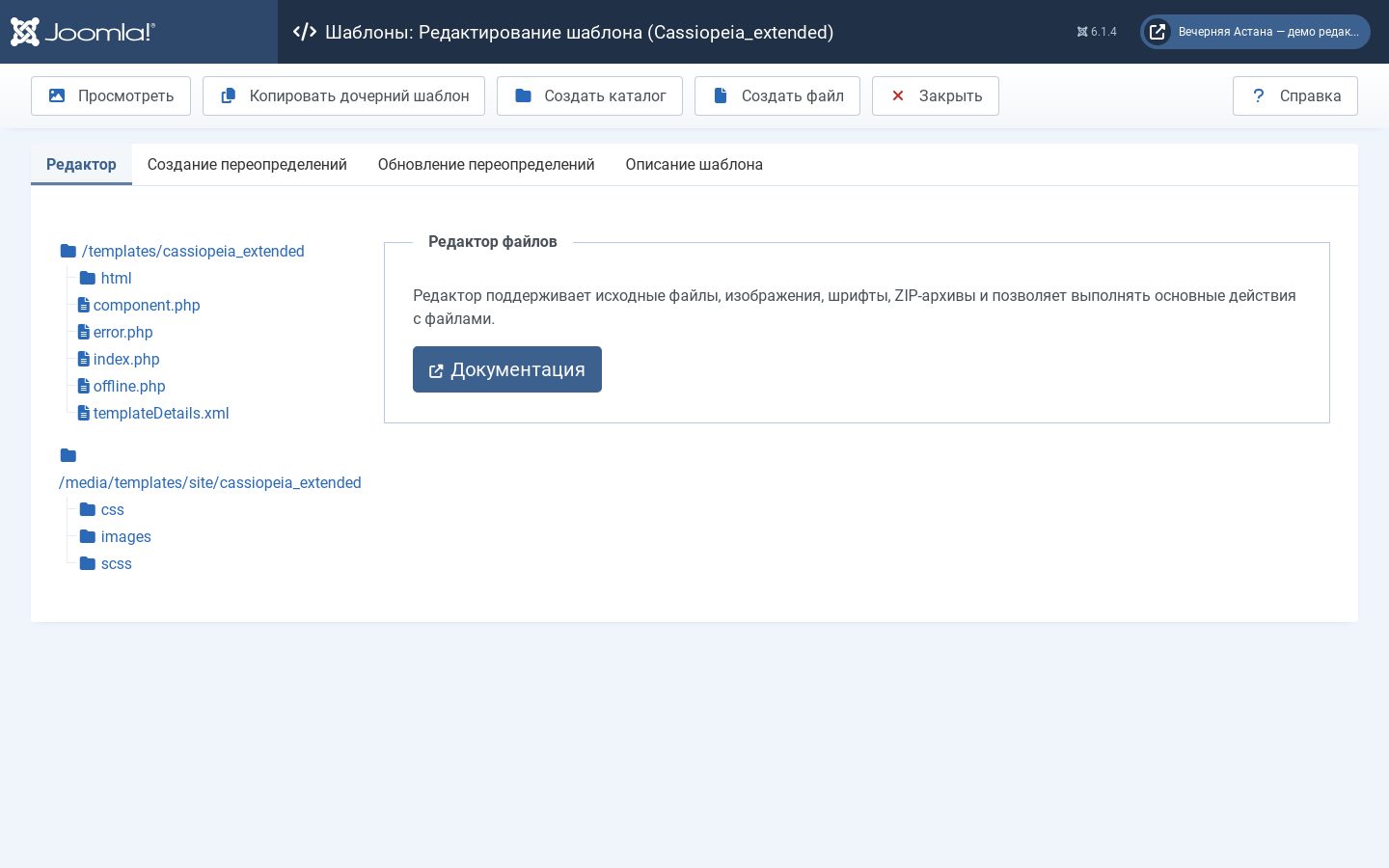 Карточка дочернего шаблона Cassiopeia Extended с деревом файлов